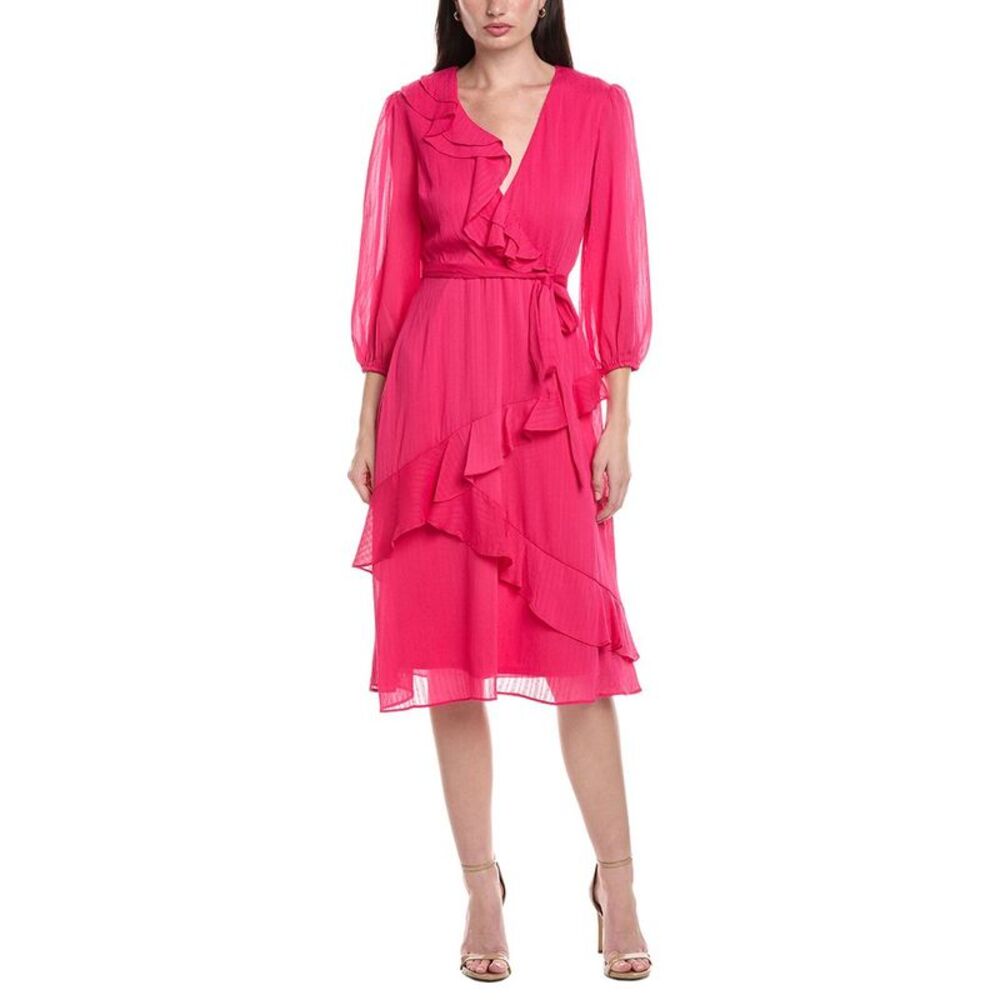 Maison Tara Womens Stripe Sheer Chiffon Midi Dress